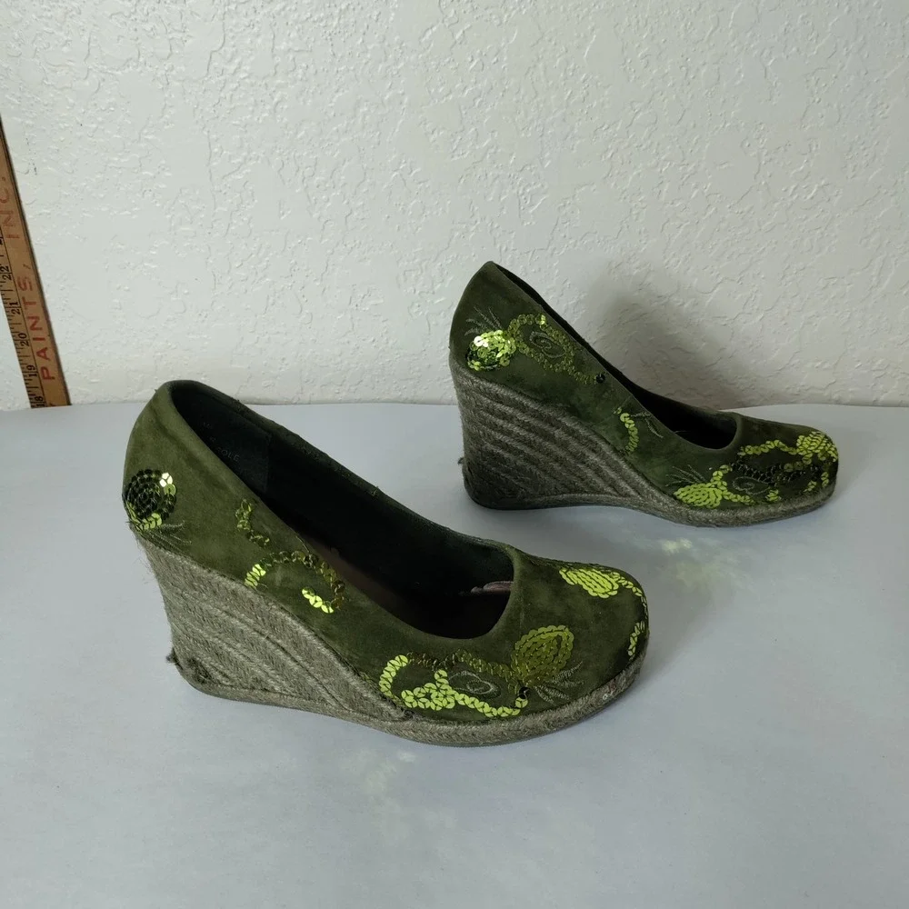 Unionbay BabyMe Olive Green Sequin Espadrille Wedge Pumps Womens 6M 6V8114
